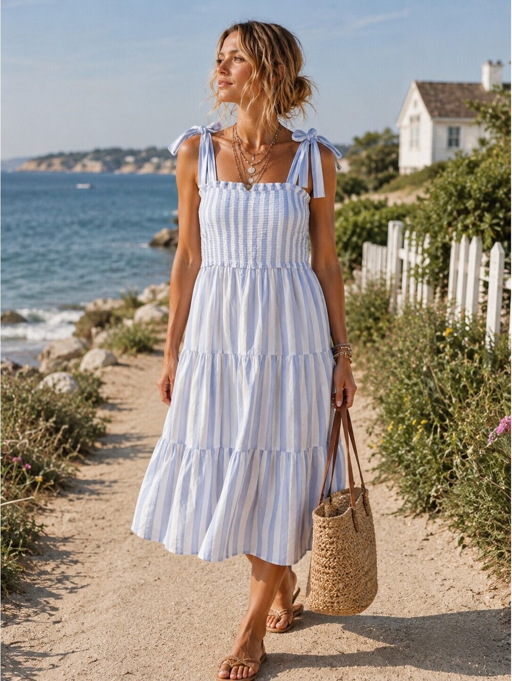 NWT J. Crew Factory tie shoulder striped smock dress Blue Sz M